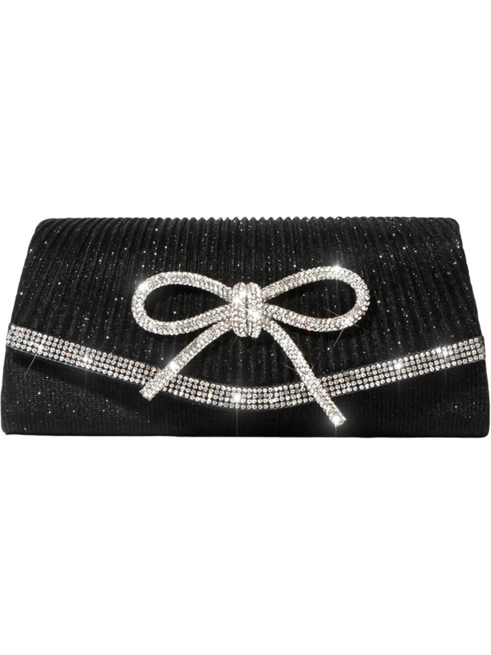 Black Rhinestone Evening Clutch Purse with Crystal Bow and Chain Strap